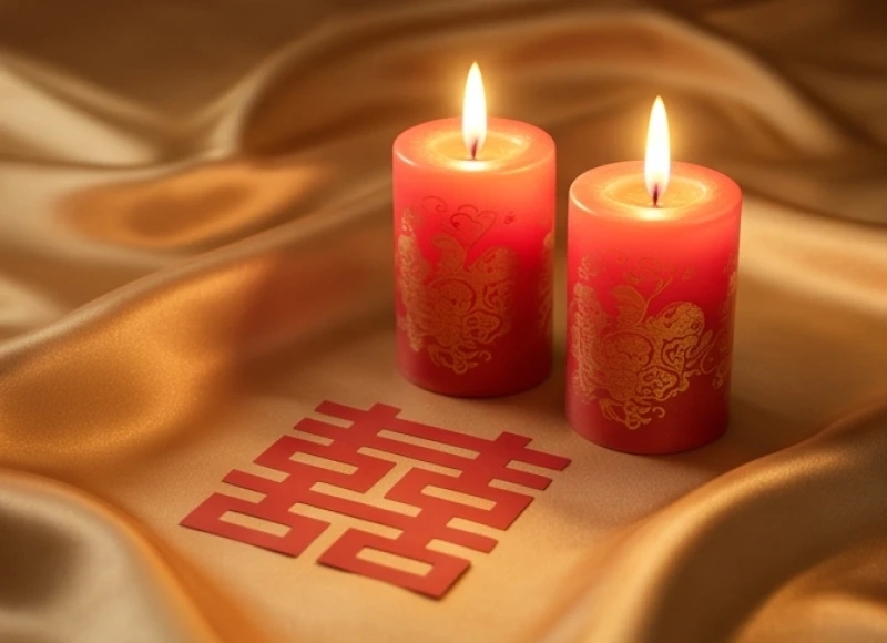 Cặp nến hỷ đỏ rực cùng chữ song hỷ trên nền lụa vàng truyền thống