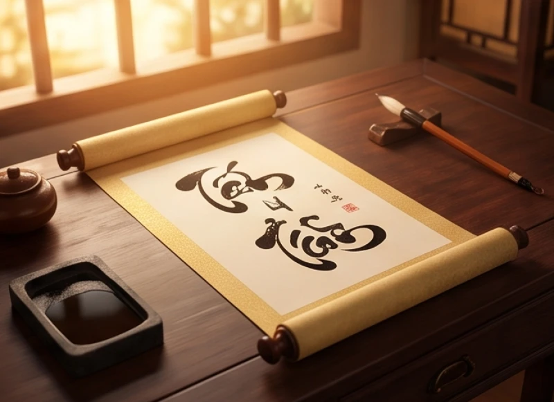 Cuốn thư pháp viết chữ Hán Nôm ghi các tháng sinh khí vượng lành trên bàn làm việc