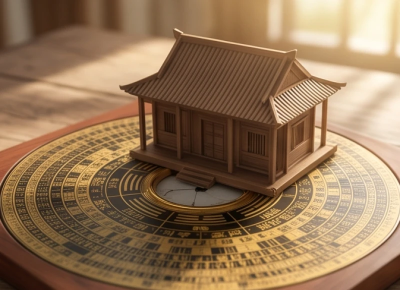 Mô hình ngôi nhà cổ phương Đông đặt trên la bàn phong thủy định hướng tốt