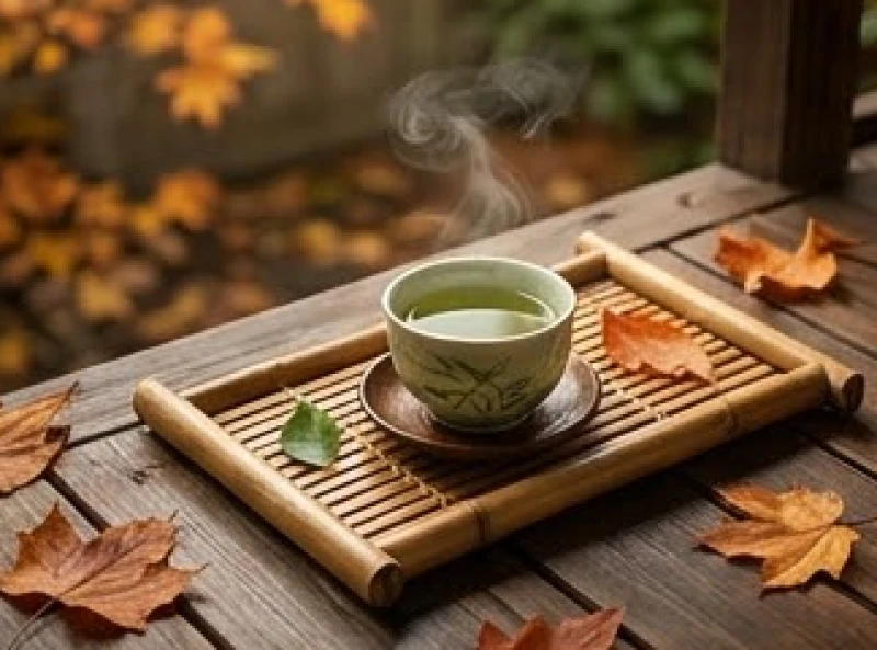 Tách trà mạn bốc khói nghi ngút bên cạnh những chiếc lá phong đỏ rụng trên hiên nhà