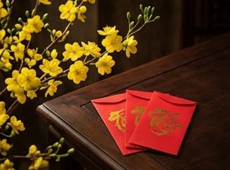 Cành hoa mai vàng nở rộ bên cạnh phong bao lì xì đỏ tươi trên mặt bàn gỗ