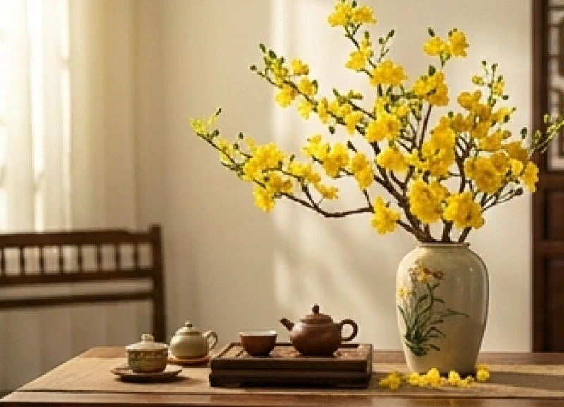 Cành hoa mai vàng nở rộ bên chén trà báo hiệu vận may tài lộc đầu năm của tuổi Tuất