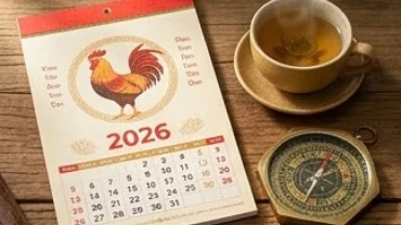 Lịch tử vi phong thủy hiển thị tháng tốt xấu của tuổi Dậu năm 2026 bên cạnh tách trà sen truyền thống