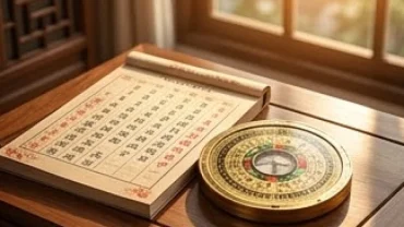 Quyển lịch vạn niên và la bàn phong thủy xem tháng tốt xấu của tuổi Dậu năm 2027 trên bàn gỗ