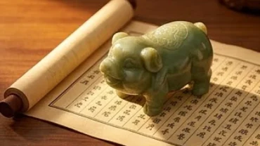 Lịch vạn niên và biểu tượng linh vật Hợi bằng ngọc thạch thể hiện tháng tốt xấu của tuổi Hợi năm 2027