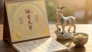 Biểu tượng phong thủy và cuốn lịch vạn niên thể hiện các tháng tốt xấu của tuổi mùi năm 2027