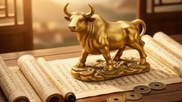 Lịch tra cứu các tháng tốt xấu của tuổi sửu năm 2026 với biểu tượng trâu vàng và đồng xu phong thủy
