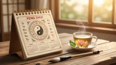 Lịch phong thủy ghi chú các tháng tốt xấu của tuổi tuất năm 2027 với tách trà sen ấm áp trên bàn gỗ