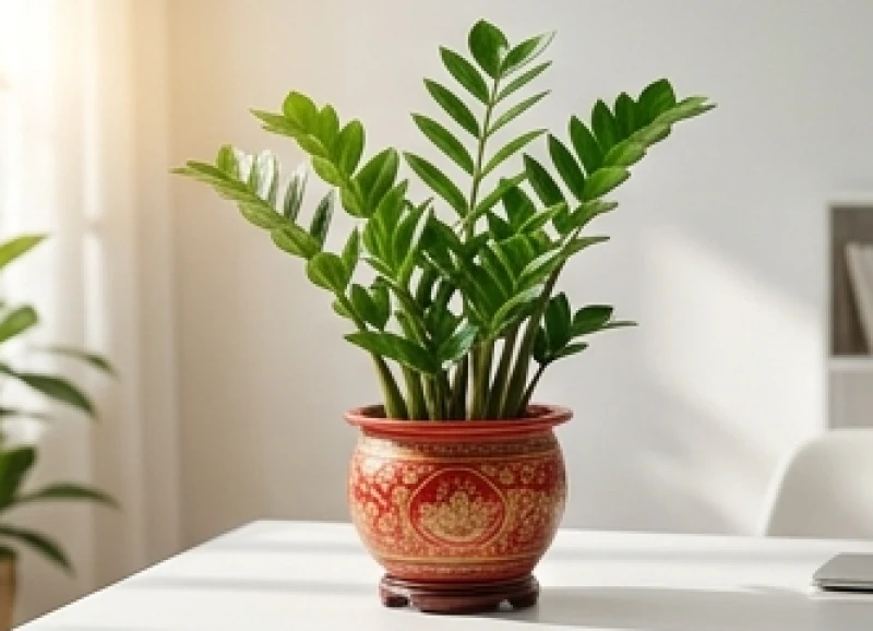 Chậu cây kim tiền xanh tốt đâm chồi nảy lộc được đặt trong chiếc chậu gốm đỏ rực rỡ