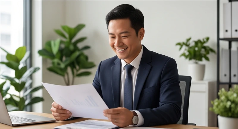 Nam doanh nhân tự tin mỉm cười ký kết hợp đồng thành công nhờ điềm báo tài lộc thuận lợi
