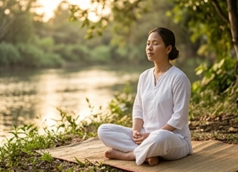 Một người đang ngồi nhắm mắt tĩnh tâm để tìm kiếm sự bình yên và xua tan những ưu phiền