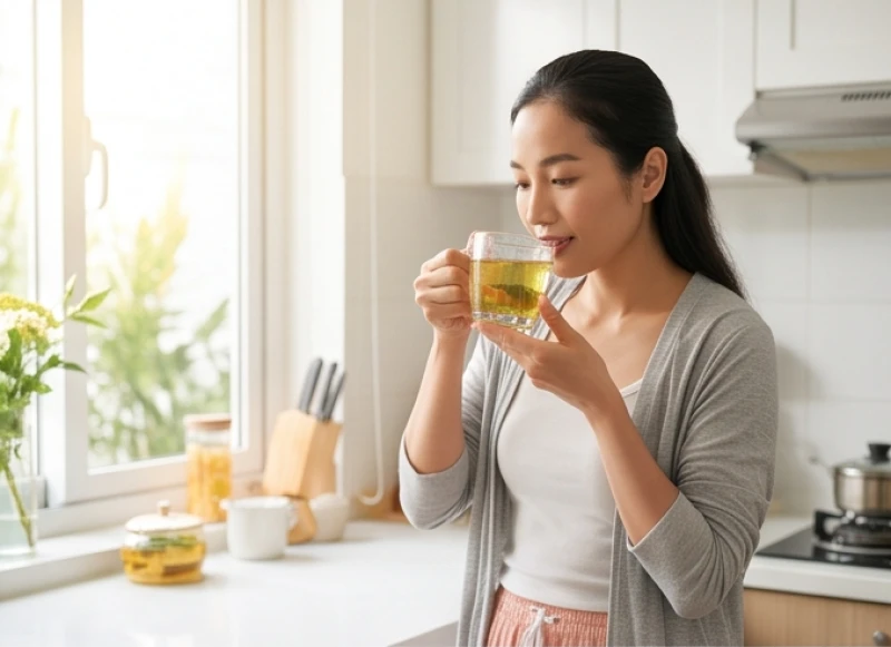 Người phụ nữ uống cốc nước mát thanh nhiệt giải độc gan vào buổi sáng sớm