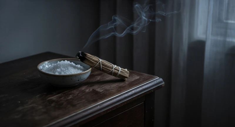 Một bát muối hạt trắng và bó xông tinh dầu sả chanh đặt cạnh cửa sổ phòng ngủ u tối
