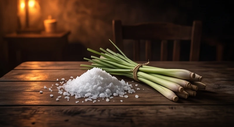 Mơ thấy chó đen đuổi cắn: Điềm báo tâm lý và mẹo hóa giải 6 Một nắm muối hạt và bó sả tươi đặt trên chiếc bàn gỗ dùng để thanh lọc trọc khí sau khi gặp ác mộng