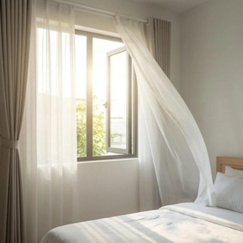Ánh nắng ban mai ấm áp chiếu rọi qua khung cửa sổ mở toang vào một căn phòng ngủ thông thoáng sạch sẽ