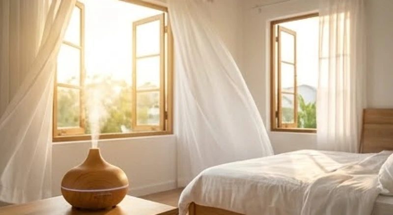 Căn phòng ngủ sáng sủa với cửa sổ mở rộng đón ánh nắng mai rực rỡ và máy xông tinh dầu