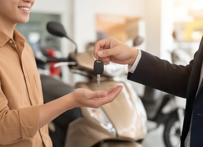 Thanh niên 22 tuổi nhận chìa khóa chiếc xe máy mới mua trong năm Đinh Mùi để phục vụ công việc