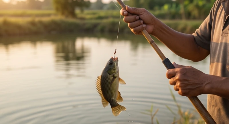 Người nông dân mỉm cười khi kéo được một con cá rô đồng giãy giụa từ dưới ao lên khỏi mặt nước