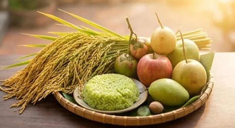 Những bó lúa vàng óng và rổ trái cây tươi ngon tượng trưng cho mùa màng bội thu dịp Tết Hạ Nguyên