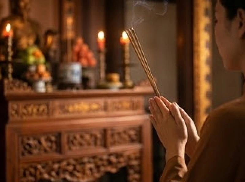 Người dân thành tâm chắp tay cầu nguyện trước bệ thờ uy nghi trong không gian đền phủ