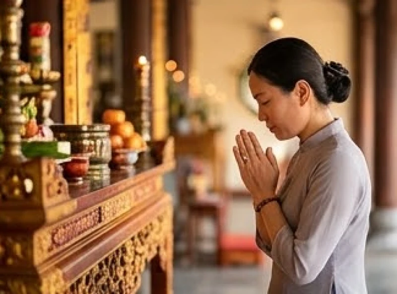 Người hành hương nhắm mắt chắp tay khấn nguyện xin tài lộc trước không gian linh thiêng