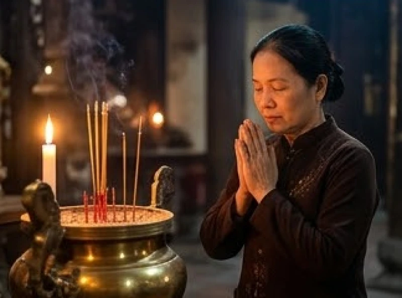 Văn khấn lễ hội Đền Và: Bài cúng chuẩn & quy trình đi lễ 7 Tín chủ chắp tay ngang ngực trước lư hương và thành kính đọc nhẩm bài văn khấn nguyện cầu bình an cho gia đạo