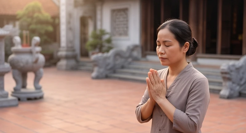 Người đi lễ thành tâm chắp tay cầu nguyện trước không gian thanh tịnh của đền