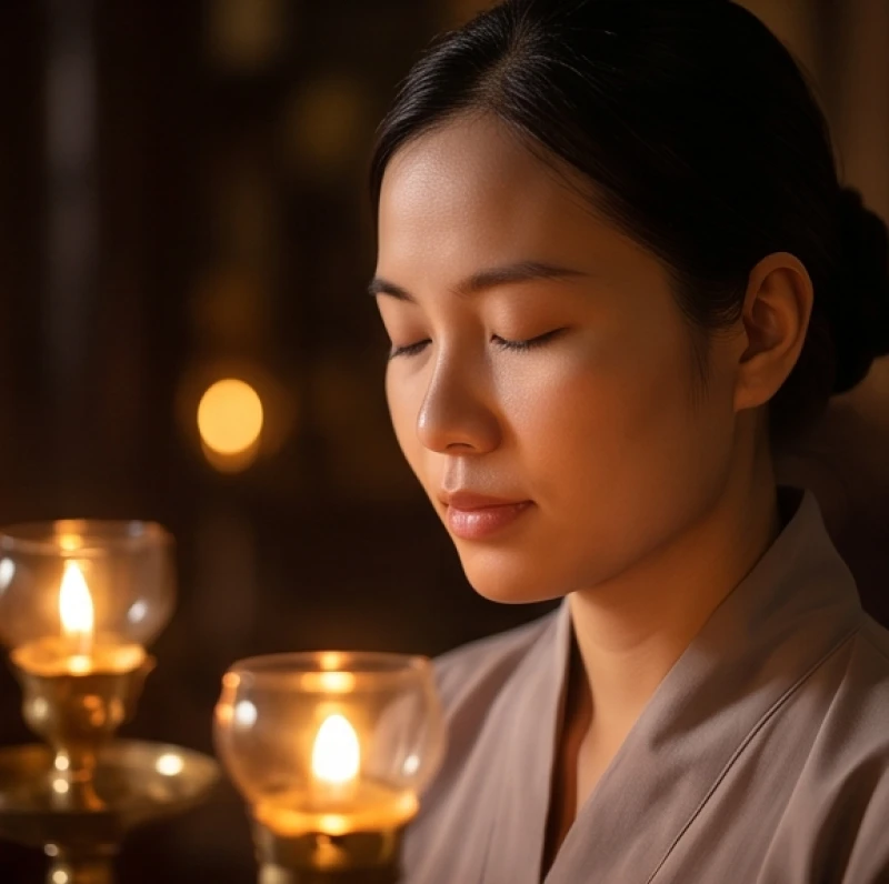 Gương mặt thành kính, nhắm mắt tĩnh lặng của người hành hương khi nhẩm đọc đoạn sám hối trong bài khấn nguyện