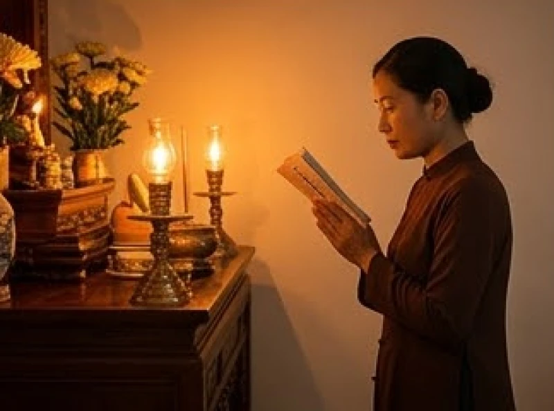 Người hành lễ đứng trang nghiêm chắp tay trước ngực tập trung đọc bài văn khấn điện thờ tại gia
