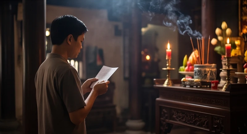 Văn khấn Đền Cô Bơ: Bài cúng chuẩn và thứ tự dâng lễ 6 Người hành hương đứng trang nghiêm trước ban thờ, thầm đọc bài văn khấn cầu bình an và tài lộc.