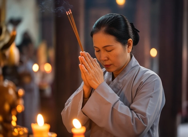Người hành lễ chắp tay ngang trán thành tâm đọc văn khấn ngày tiệc Mẫu Liễu Hạnh
