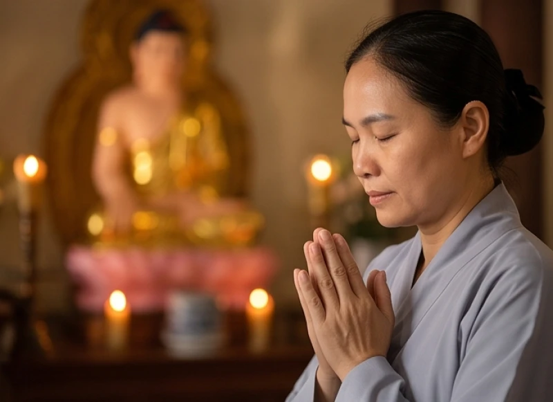 Văn khấn ban Tam Bảo tại chùa: Bài khấn chuẩn và cách sắm lễ 7 Phật tử chắp tay ngang ngực nhắm mắt thành tâm nhẩm đọc bài khấn nguyện cầu bình an trước ban Phật