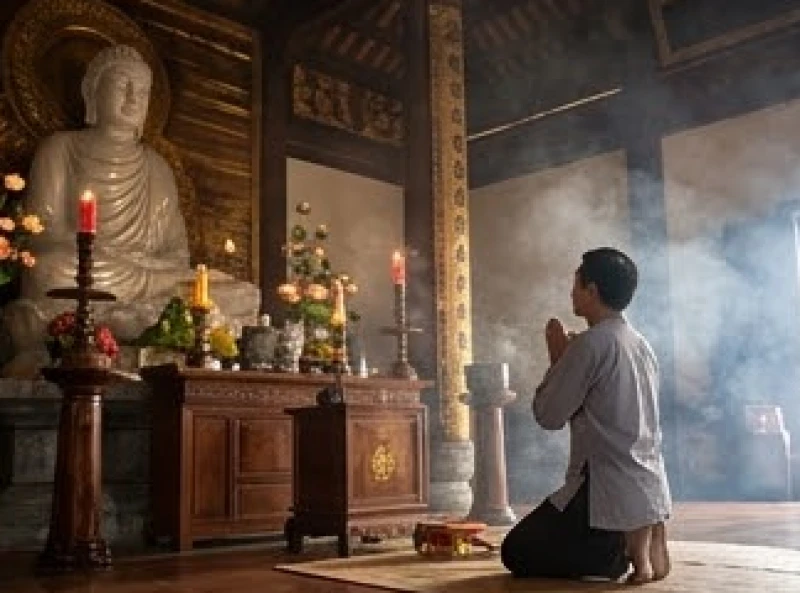 Tín chủ quỳ gối thành kính chắp tay đọc bài khấn trước tượng Phật Thích Ca uy nghi trong chính điện