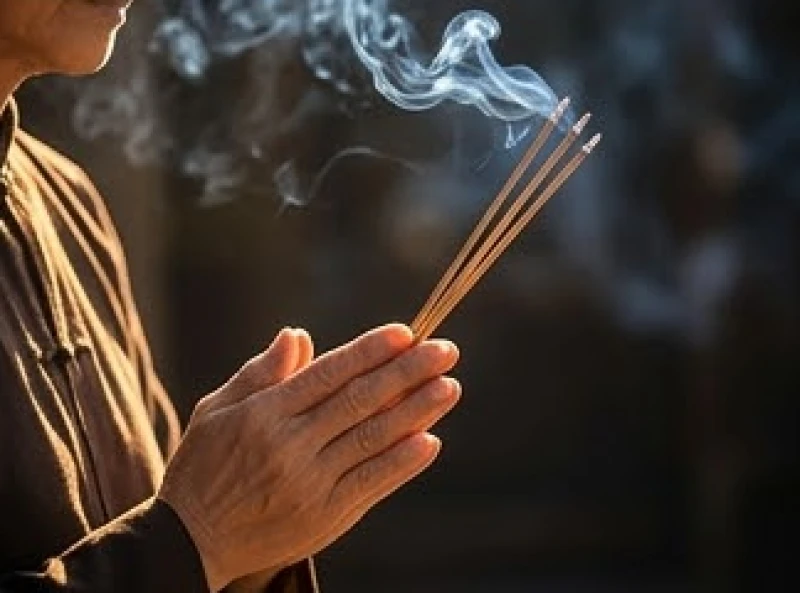 Đôi bàn tay chắp lại thành kính trước lư hương đang nghi ngút khói trầm