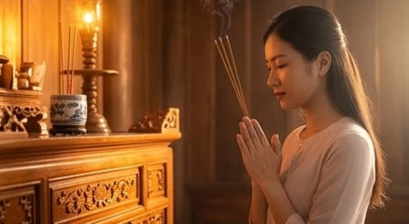 Mơ thấy bà nội đã mất hiện về: Điềm báo và lễ cúng cầu an 6 Người phụ nữ chắp tay thành kính dâng ba nén nhang trước bàn thờ gia tiên đang nghi ngút khói để cầu nguyện sự bình an