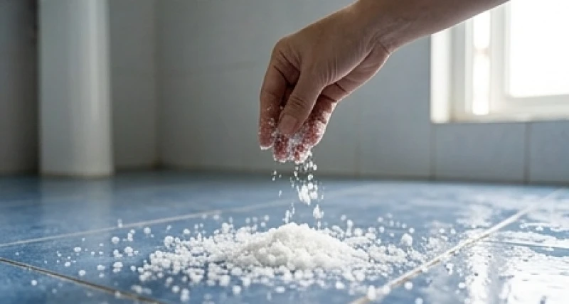 Ống nước bị vỡ là điềm gì: Phân biệt vị trí & cách hóa giải 7 Bàn tay đang rắc muối hột trắng lên góc sàn nhà tắm còn ướt để thanh tẩy uế khí