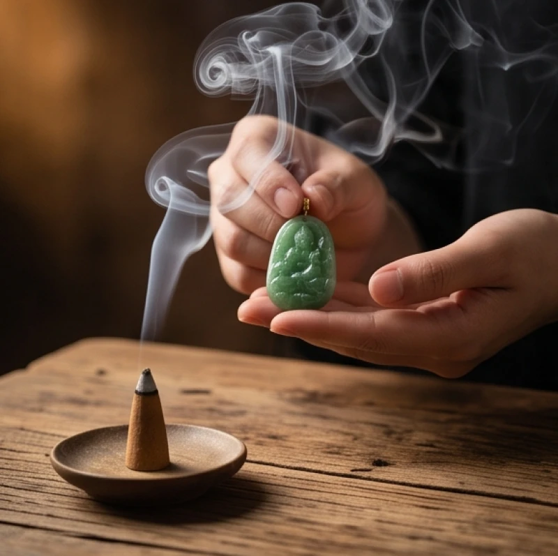 Dây chuyền phong thủy tuổi Mão: Bảng màu đá và các kiêng kỵ 8 Mặt dây chuyền ngọc bích đang được hơ trên làn khói tỏa ra từ nụ trầm hương thiên nhiên
