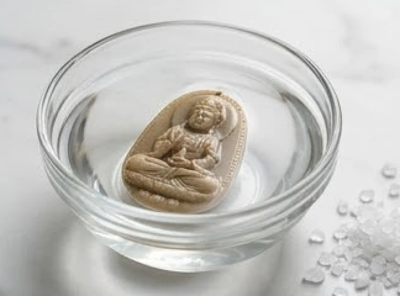 Mặt đá quý phong thủy được ngâm trong bát thủy tinh chứa nước muối loãng để thanh lọc năng lượng xấu