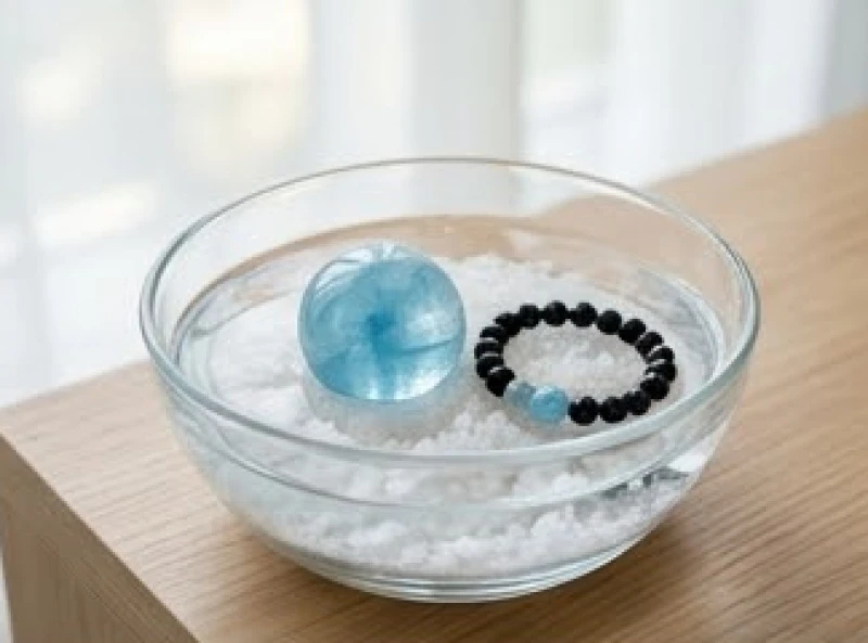 Vòng tay thạch anh đen và quả cầu Aquamarine được ngâm trong bát nước muối loãng để thanh lọc năng lượng âm
