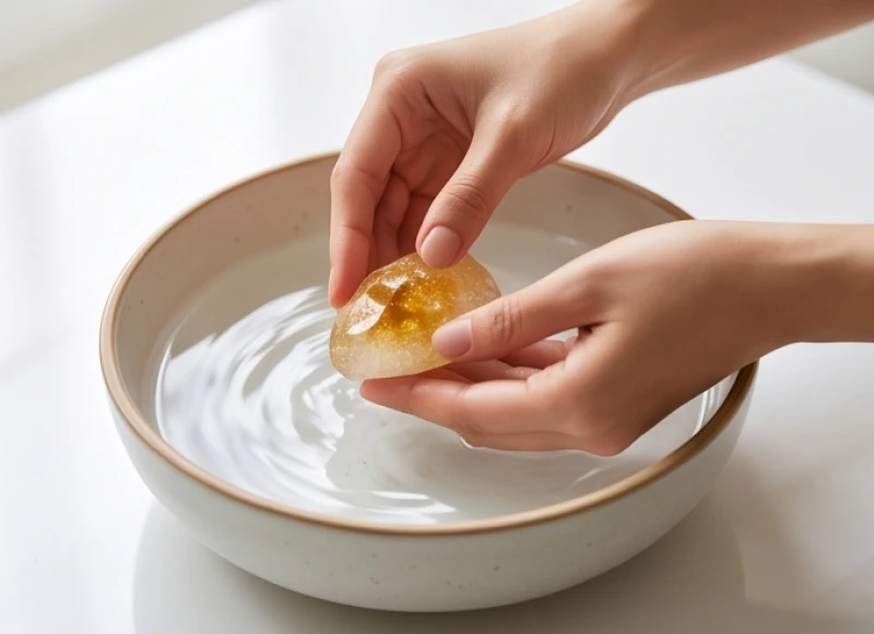 Quả cầu đá phong thủy được ngâm trong bát nước muối loãng để thanh tẩy và nạp lại năng lượng