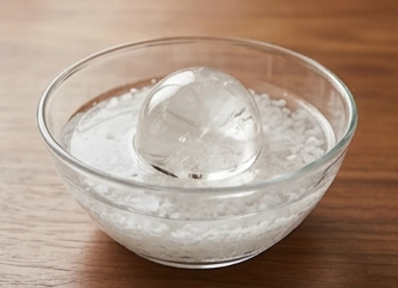 Một quả cầu đá thạch anh đang được ngâm trong bát nước muối hột loãng để thanh tẩy năng lượng