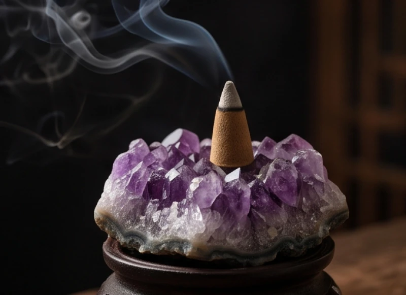 Viên đá thạch anh tím đang được hơ qua làn khói mờ ảo của nụ trầm hương để làm sạch năng lượng
