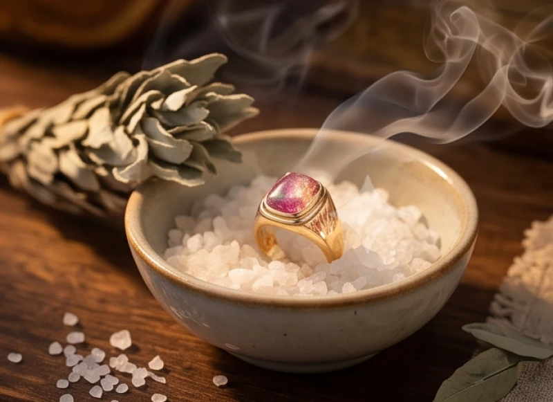 Quy trình thanh tẩy nhẫn đính đá tự nhiên bằng khói ngải thảo mộc để xua tan từ trường tiêu cực cũ