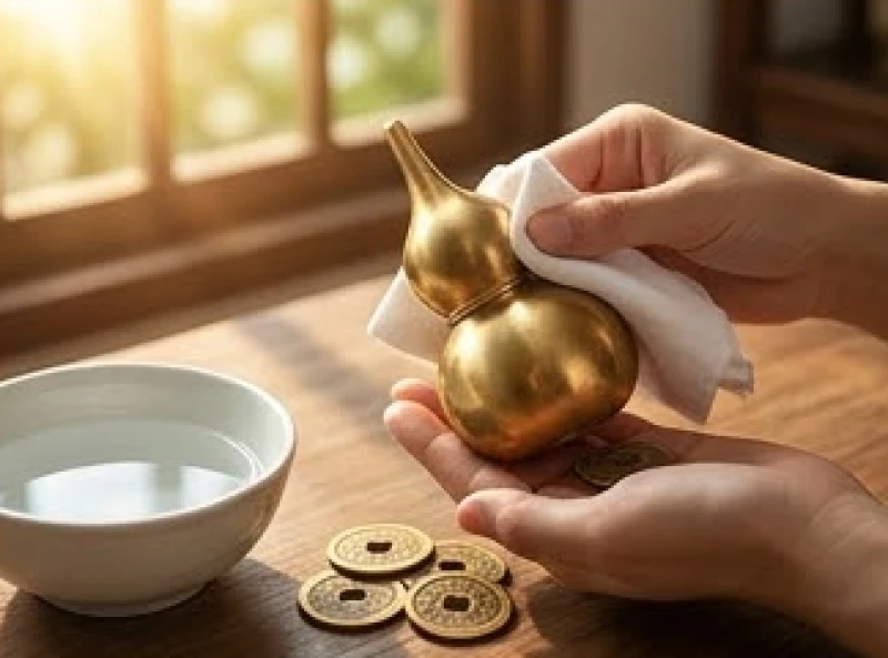 Dùng khăn sạch lau chuỗi đồng xu ngũ đế và hồ lô phong thủy trước khi treo