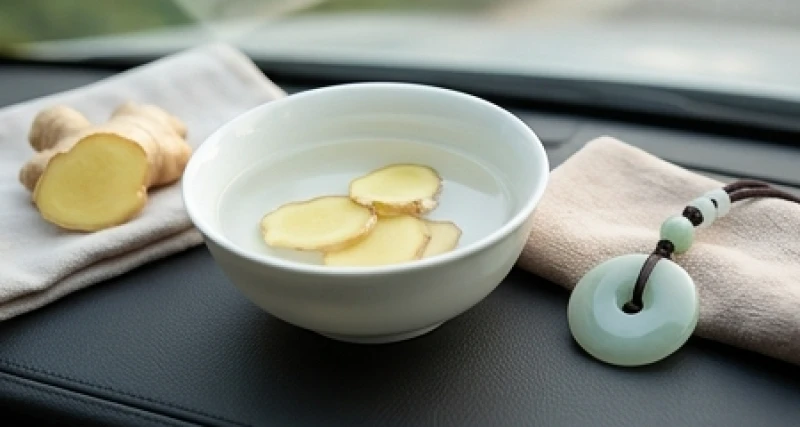 Bát nước sạch thả vài lát gừng tươi và chiếc khăn mềm dùng để lau tịnh hóa mặt đá phong thủy trước khi treo lên xe
