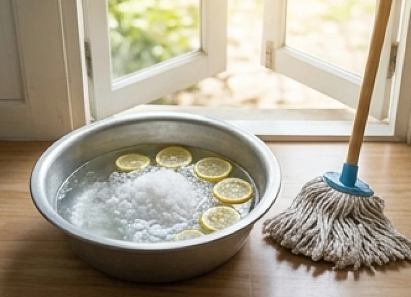 Thau nước pha muối hạt và tinh dầu sả chanh được đặt cạnh cửa sổ đầy nắng để lau dọn thanh tẩy nhà cửa