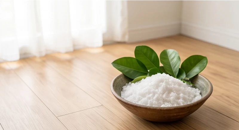 Bát muối hạt trắng tinh và những chiếc lá bưởi tươi được đặt ở góc phòng để thanh tẩy