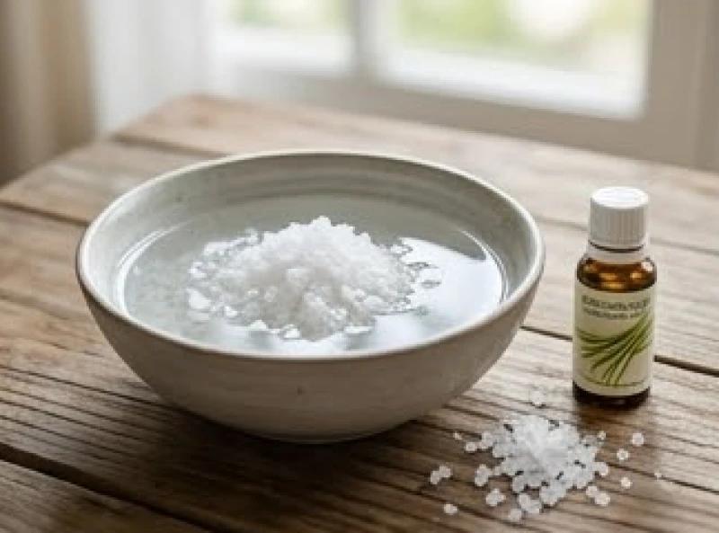 Bát nước muối tinh khiết và những giọt tinh dầu sả chanh đặt cạnh nhau trên bàn gỗ