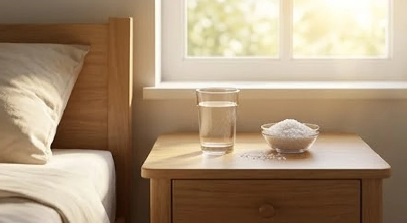 Một ly nước lọc ấm và bát muối nhỏ được đặt ngay ngắn cạnh cửa sổ ngập tràn ánh nắng ban mai