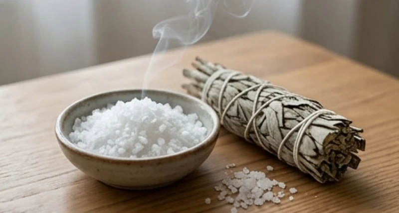 Mơ thấy chuyển nhà điềm báo gì: Giải mã bối cảnh & mẹo hóa giải 6 Bát muối biển sạch và bó lá ngải cứu khô đặt trên bàn gỗ dùng để thanh tẩy không gian và xả xui